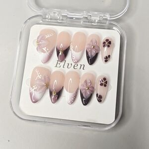 Purple Black White Floral French Tips Handmade Press On Nails Medium Almond